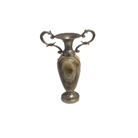 Vintage 1980s Banded Onyx Bud Vase Urn Two Handled 5.25'' Ornate Boho Stoneware - Picture 2 of 7